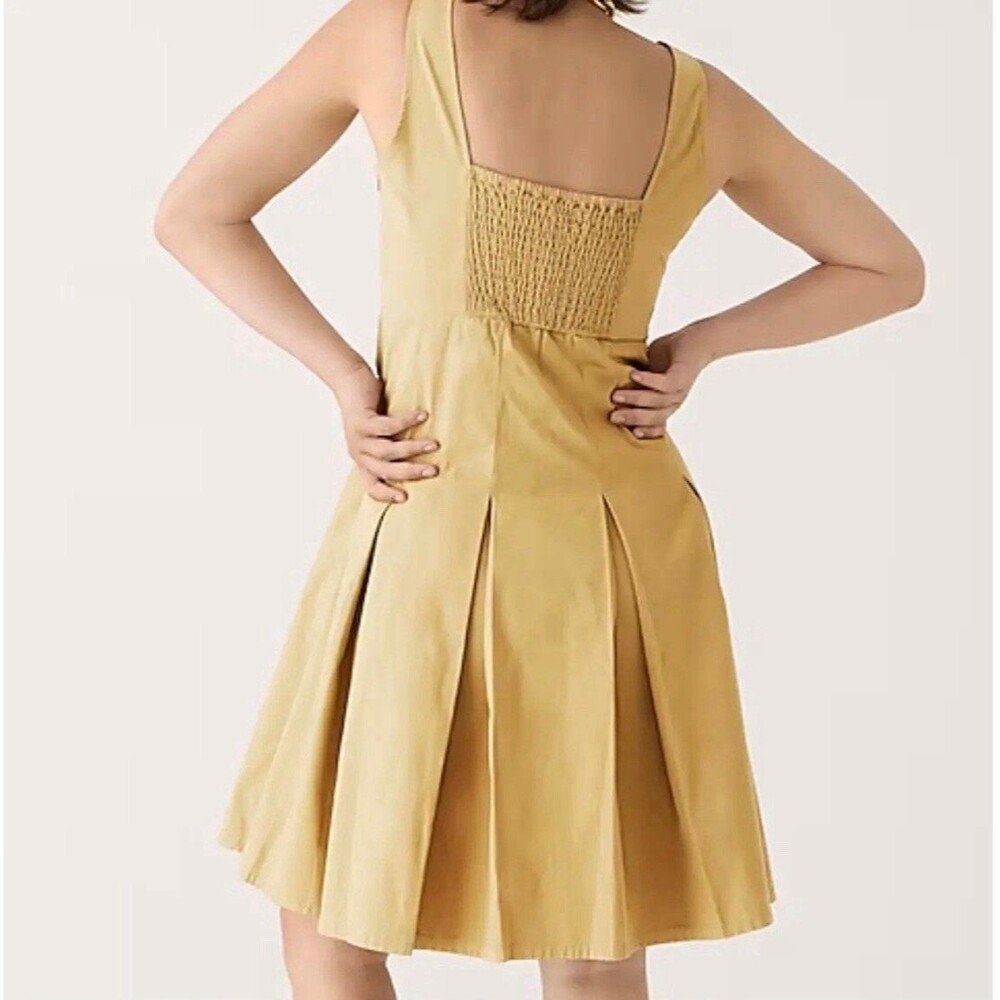 J.CREW Beige Pleated Smocked Square Neck A-Line Cotton Knee Dress Size 10 - Picture 2 of 15